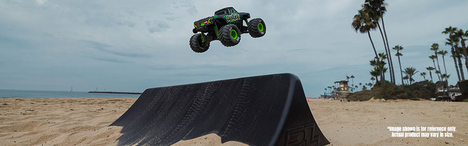 Action shot of an RC Car jumping off of the Pro-Line High Kicker RC Ramp