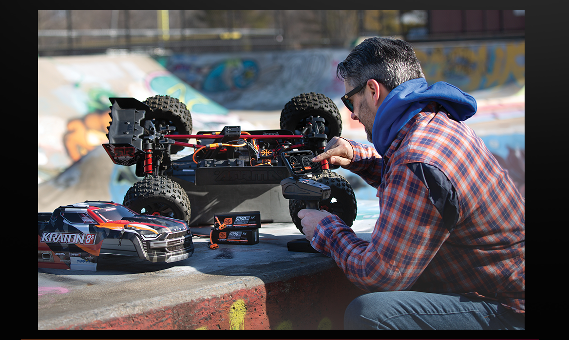 A modeler testing out his Spektrum™ DX3 and Arrma Kraton 8s.